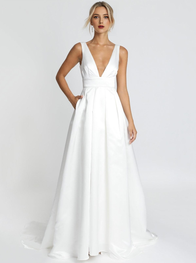 White Simple Causal Wedding Dress Satin V-Neck Sleeveless Backless A-Line Bridal Dresses