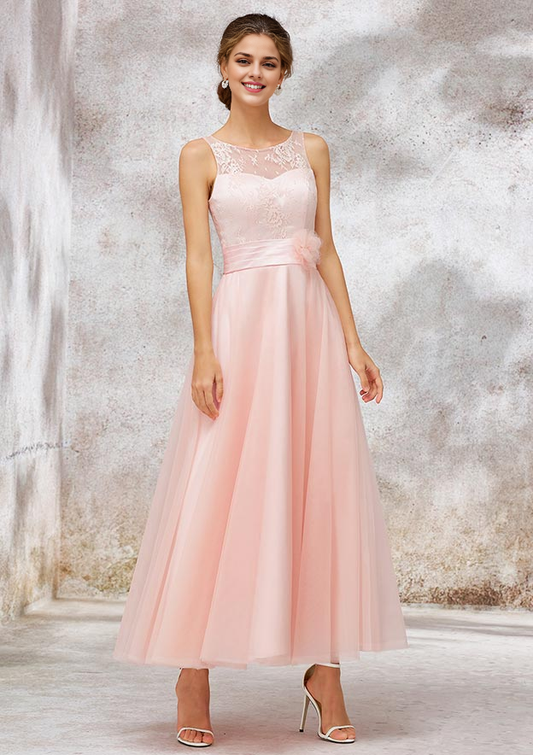 Tulle Bridesmaid Dress A-line Bateau Sleeveless Tea-Length With Waistband Lace Wedding Guest Party Dresses