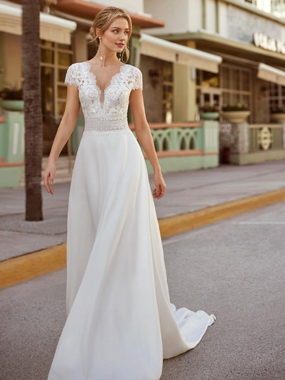 A-Line Vintage Wedding Dress V-Neck Short Sleeves Natural Waist Satin Sweep Lace Bridal Dres