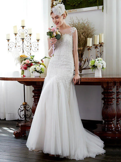 Wedding Dresses Illusion Neck Court Train Tulle Sleeveless Sparkle & Shine with Beading Appliques