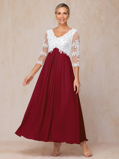 3/4 Sleeves A Line Ankle Length Chiffon Lace Mother of the Bride Dresse