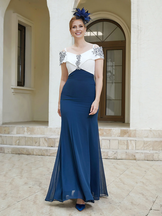 Spaghetti Straps Applique Two-Toned Dress Navy Blue Chiffon Mother of the Bride Dresse