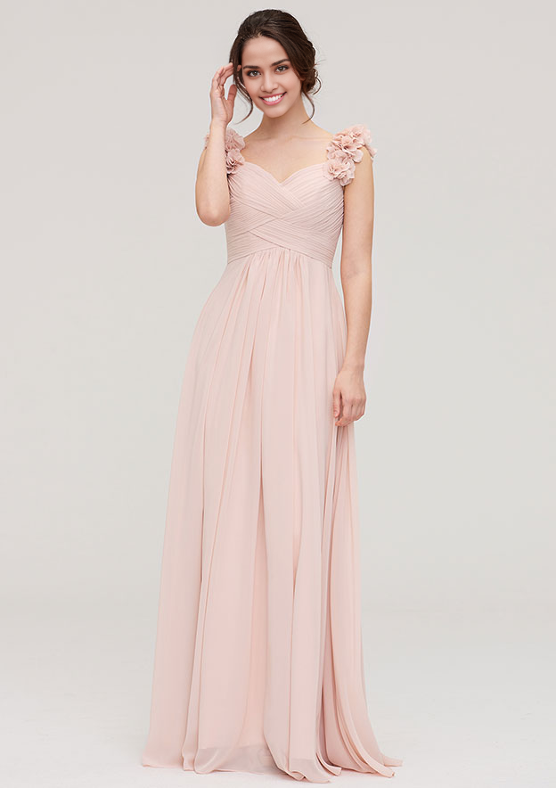 Sweetheart Sleeveless Long/Floor-Length Chiffon Bridesmaid Dress With Pleated Shoulder Flower