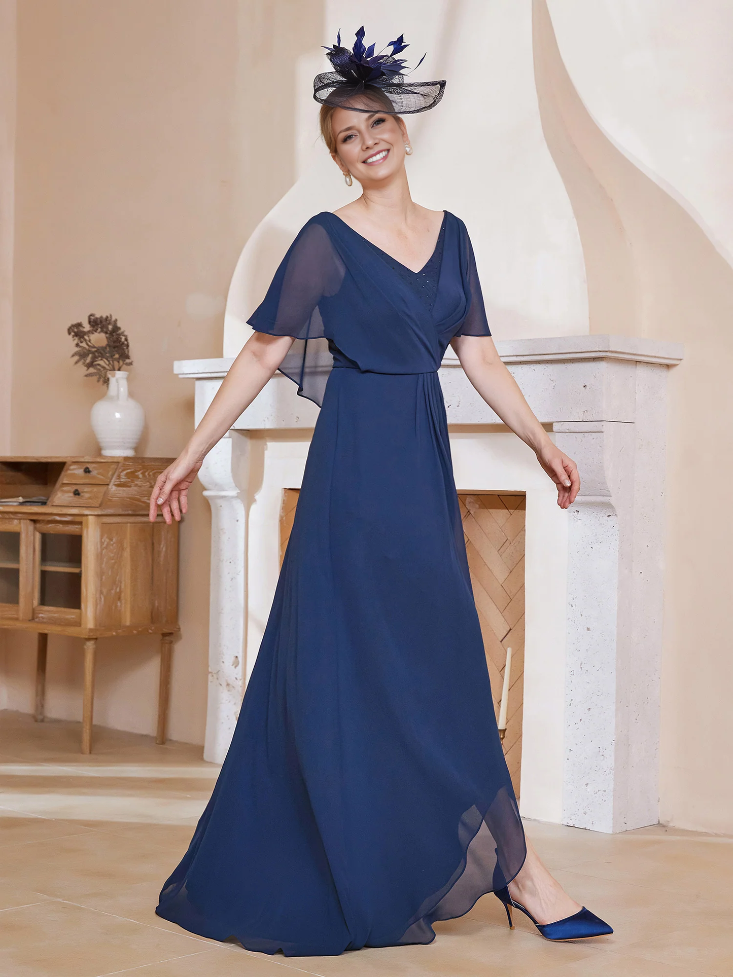 V-neck Flutter Sleeves Asymmetrical Dress Dark Navy Chiffon Mother of the Bride Dresse