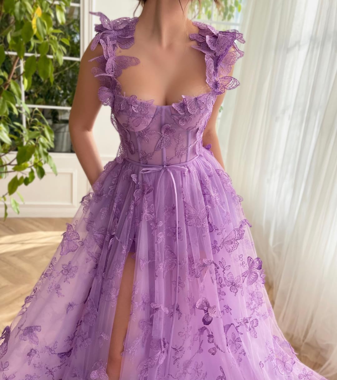 Long Tulle Prom Dress with 3D Butterflies Sexy Slit Ball Gown Evening Dresses Party Wedding Formal