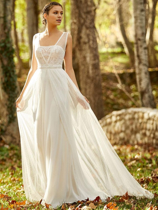 Simple Wedding Dress White Lace Square Neckline Sleeveless Backless A-Line Bridal Gowns