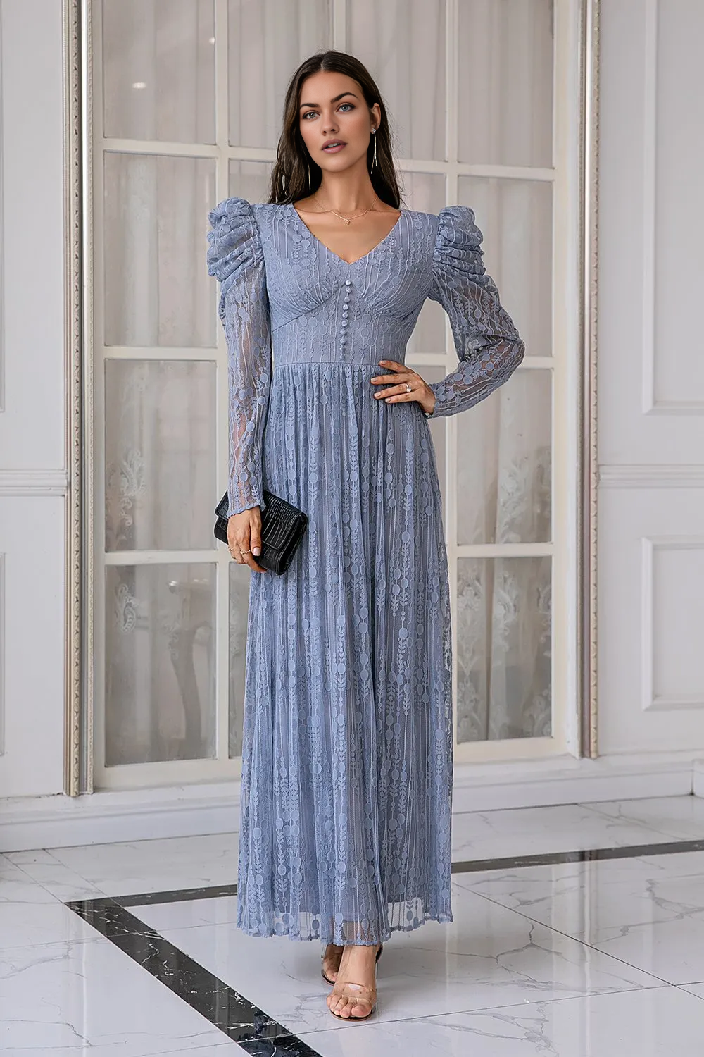 A-Line Blue Lace Long Prom Dress Wedding Guest Party Dresses with Sleeves