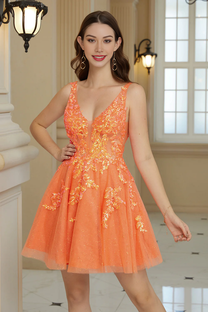 Orange A Line V-Neck Glitter Homecoming Dress with Sequins