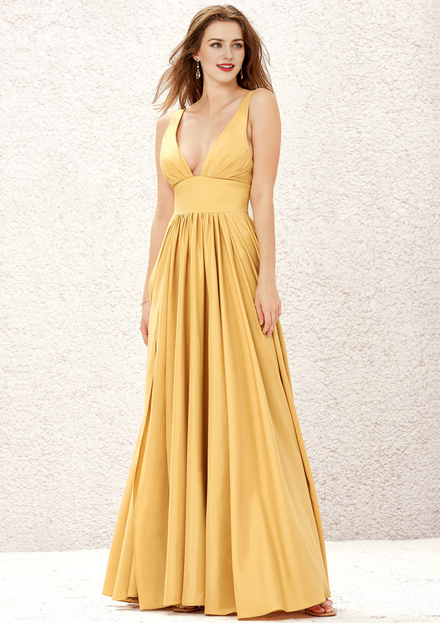 V Neck Sleeveless Charmeuse Floor-Length Bridesmaid Dress With Split