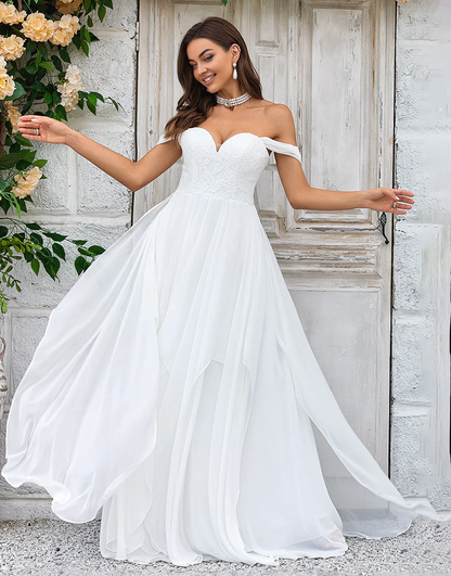 A Line Off the Shoulder Chiffon Wedding Dress with Lace