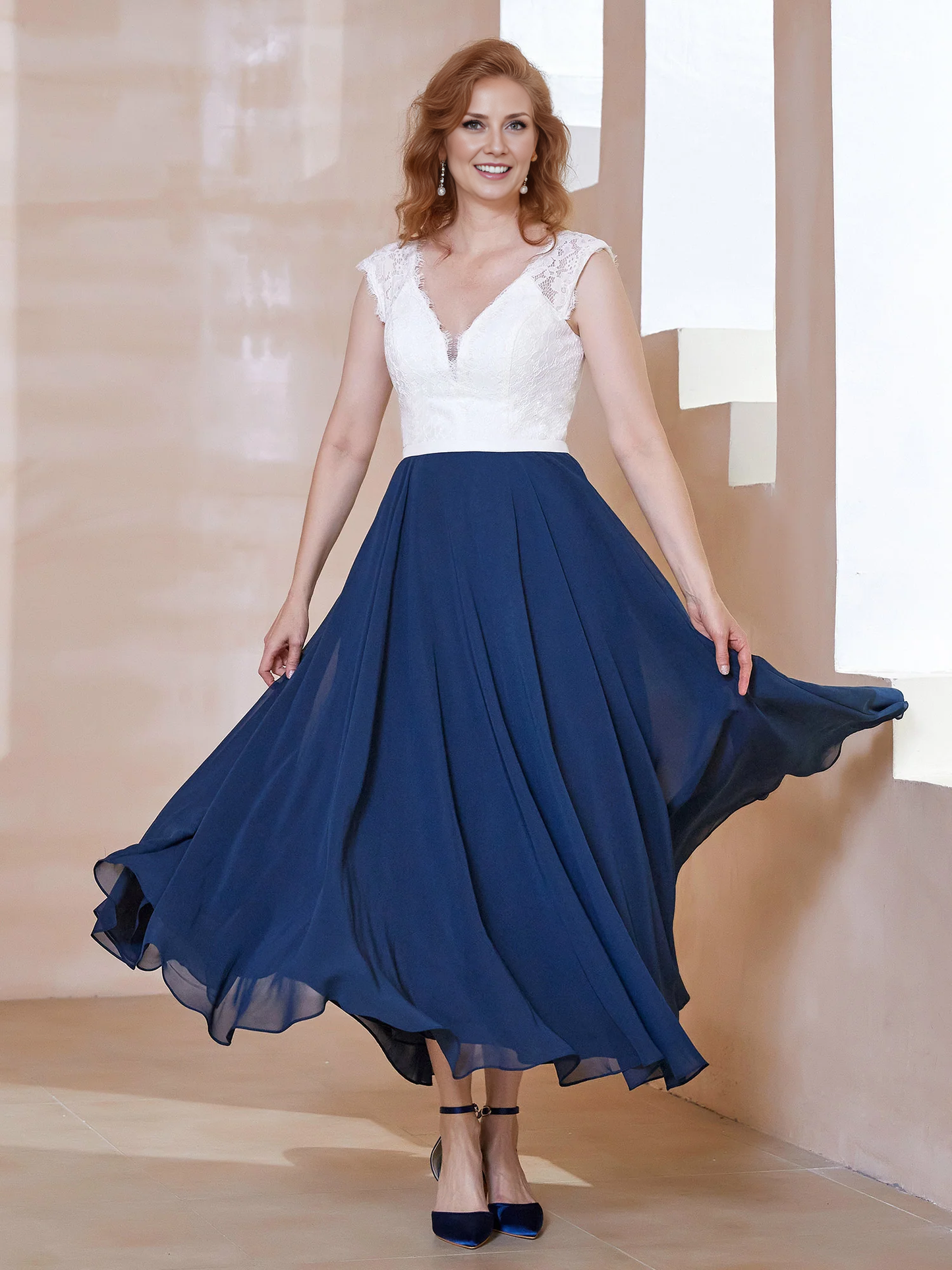 Deep V Neck Sleeveless Chiffon Dress With Pockets Dark Navy Mother of the Bride Dresse