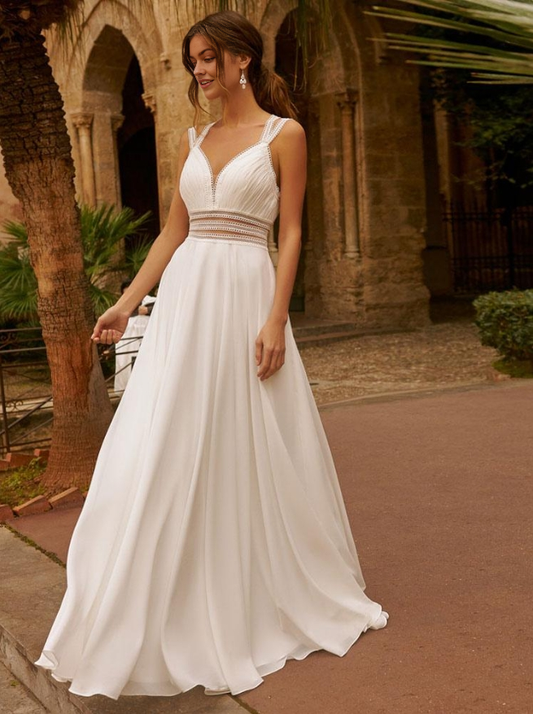 Ivory Boho Wedding Dress Chiffon Lace A-Line Sleeveless V-Neck Backless Bridal Dress With Train