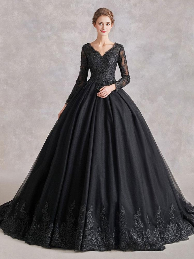 Gothic Black Wedding Dresses A-Line Long Sleeves Lace With Train Bridal Dress