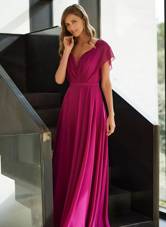 Chiffon Mother of the Bride Dresse V-Neck Short Sleeves A-Line Pleated Guest Dresses