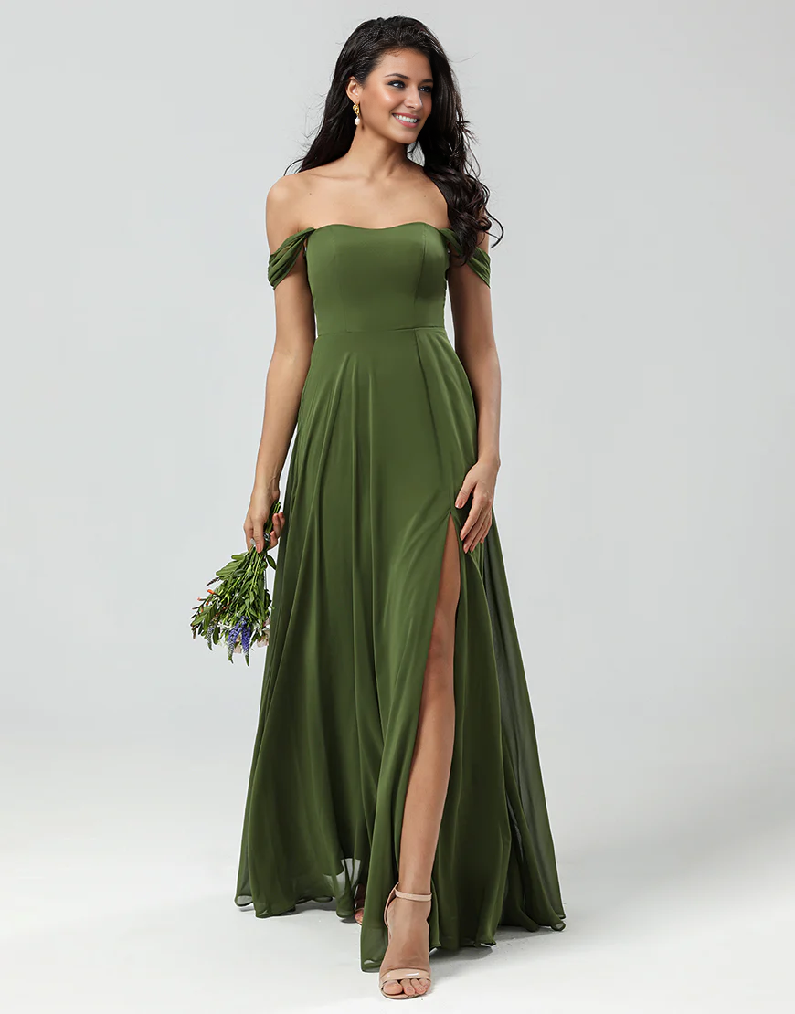 Off The Shoulder A Line Chiffon Bridesmaid Dress with Slit