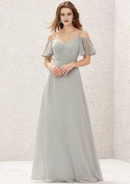 Sweetheart Short Sleeve Long Chiffon Bridesmaid Dress With Pleated