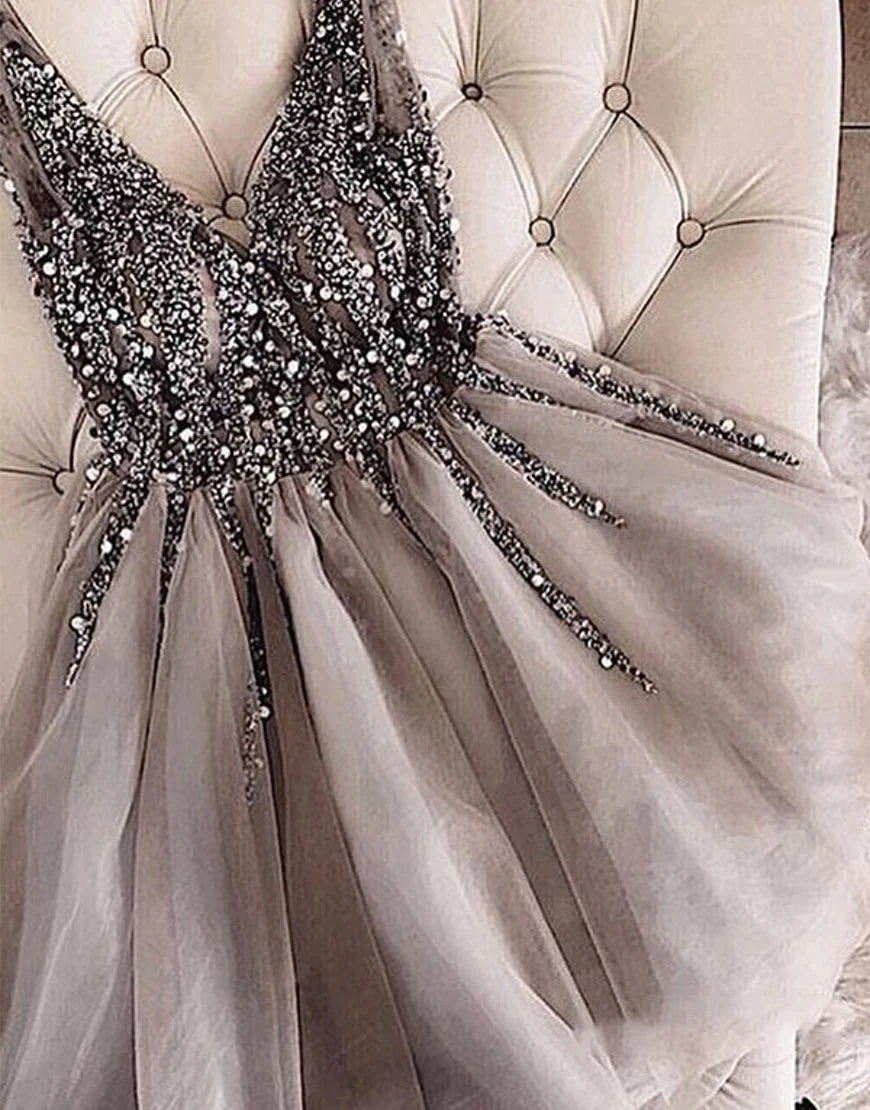 A-Line Pleating Glitter Short Prom Dress Homecoming Dress With Appliques