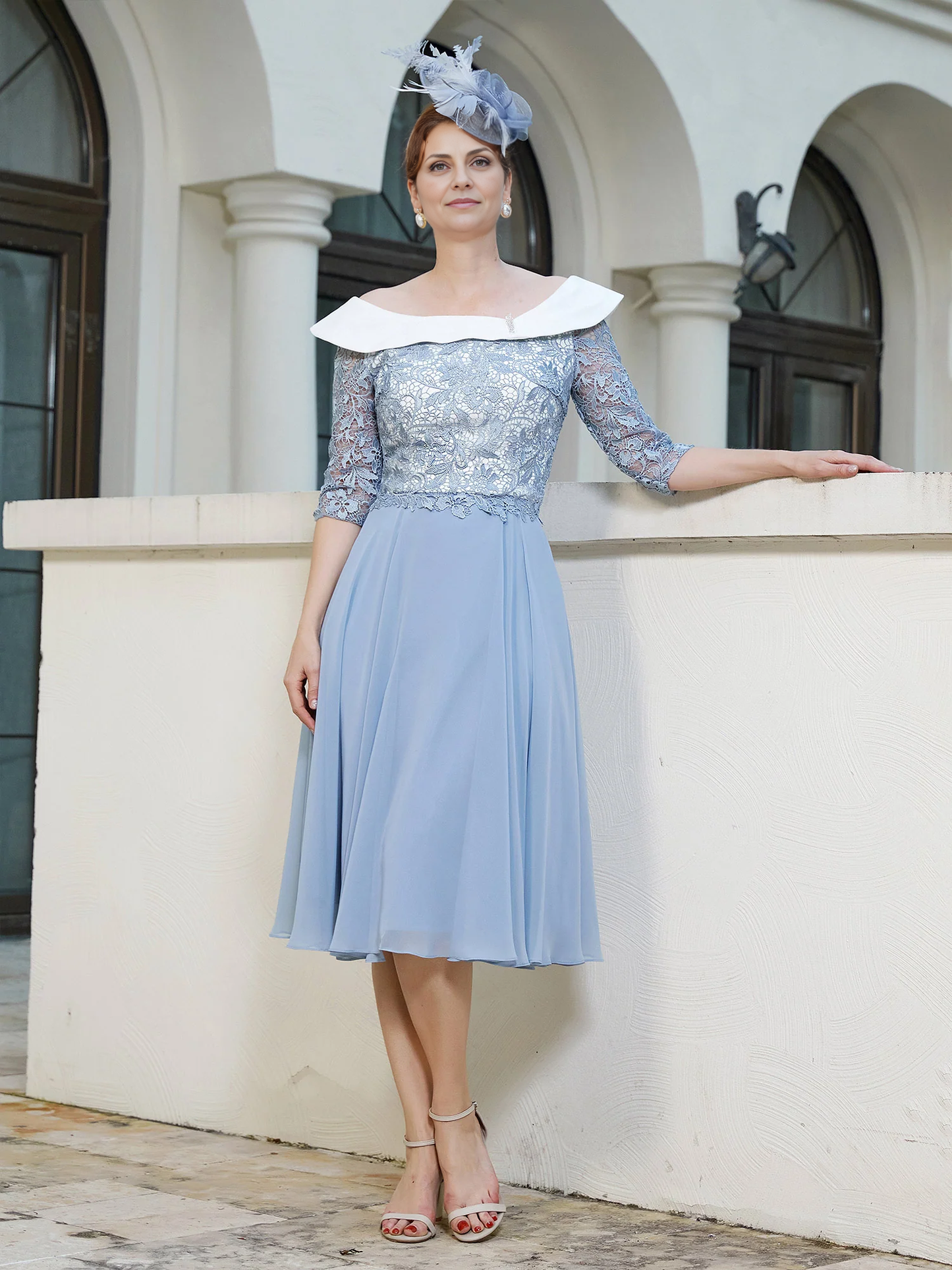 A-line Tea-length Chiffon Dress Dusty Blue Mother of the Bride Dresse