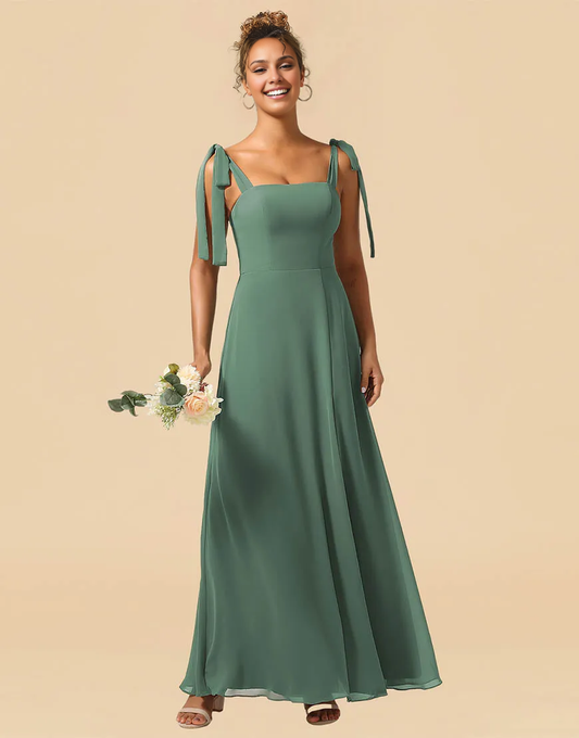 A-Line Tie Straps Floor Length Chiffon Bridesmaid Dress Wedding Guest Party Dresses with Split