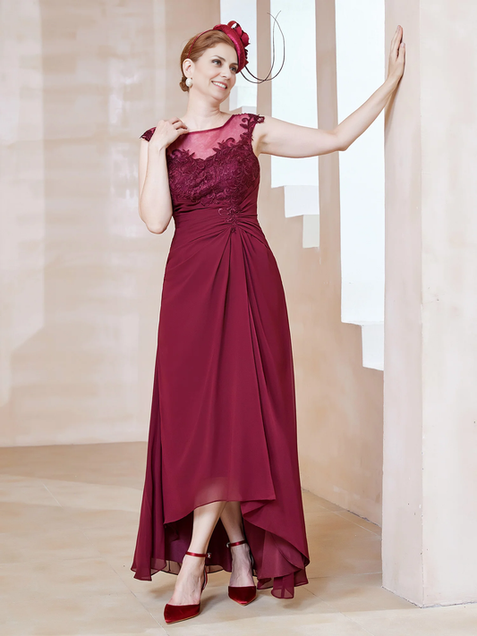 Illusion Lace Neckline Asymmetrical A-Line Dress Burgundy Mother of the Bride Dresse