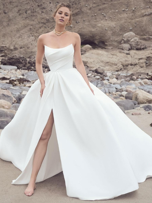 Black Wedding Dresses A-Line Sleeveless Split Front Satin Bridal Gown Floor-Length Bridal Gown