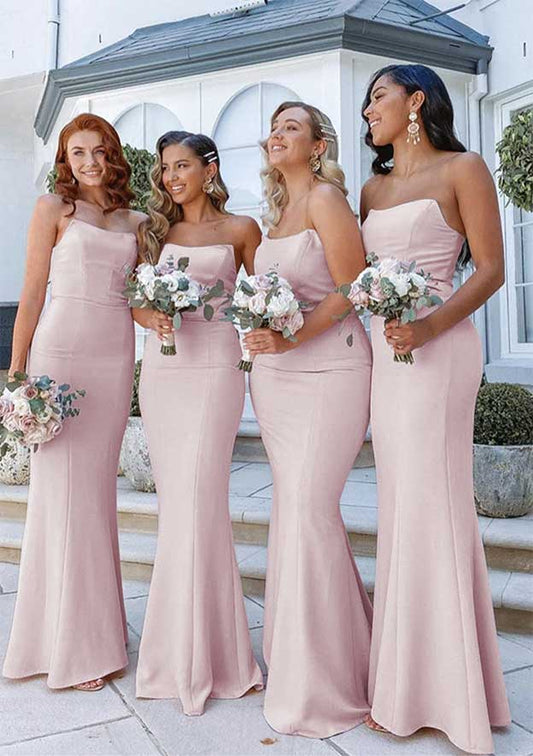 Sheath/Column Square Neckline Sleeveless Floor-Length Satin Bridesmaid Dress