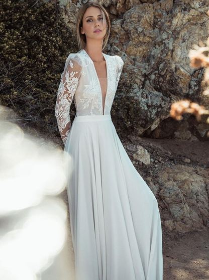 Ivory Boho Wedding Dress Chiffon A-Line With Train Wedding Dress Long Sleeves V-Neck Bride Gown