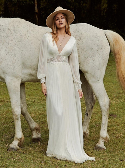 Boho Wedding Dress Chiffon Lace A-Line Sweep Natural Waist Backless Long Sleeves V-Neck Ivory