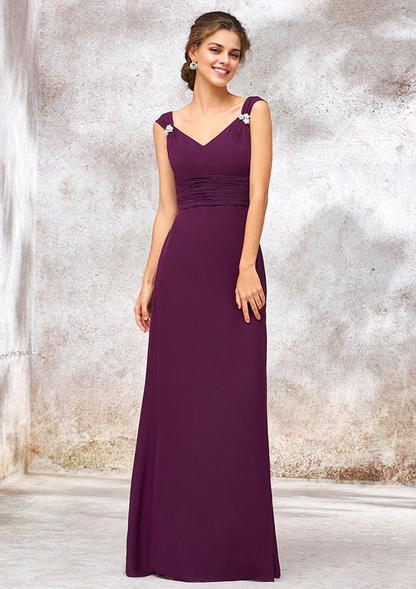 Chiffon Bridesmaid Dress Sheath/Column V Neck Long With Sashes Pleated Beading Wedding Guest Party Dresses