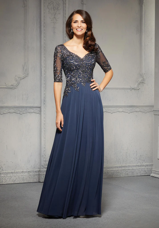 V-Neck Half Sleeve Chiffon Mother of the Bride Dresse With Appliques