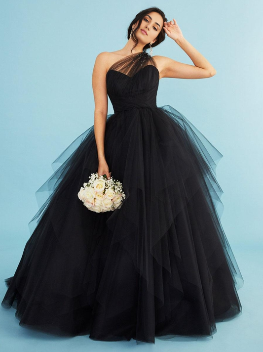 Black Wedding Dresses A-Line Sleeveless Sweetheart Ballgown Tulle Bridal Gown