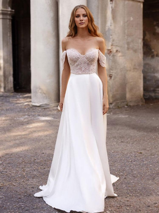 White Simple Causal Wedding Dress Satin Strapless Sleeveless Cut Out A-Line Off The Shoulder Long Bridal Dresses