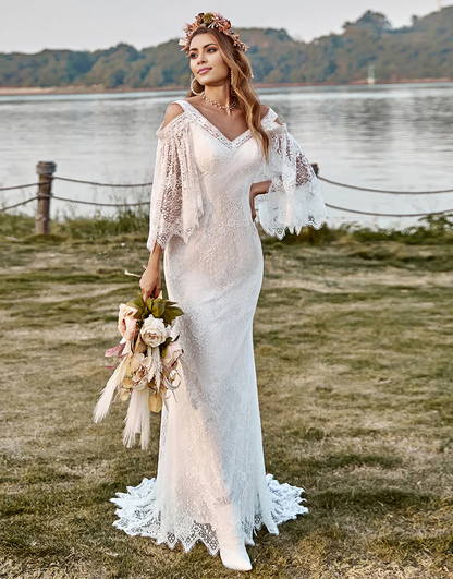 Lace Cold Shoulder Mermaid Cape Sleeves Boho Wedding Dress