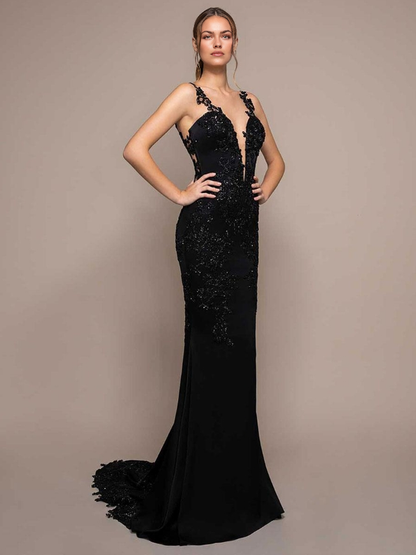 Black Wedding Dresses Deep V-Neck Mermaid Sleeveless Lace With Train Bridal Gown