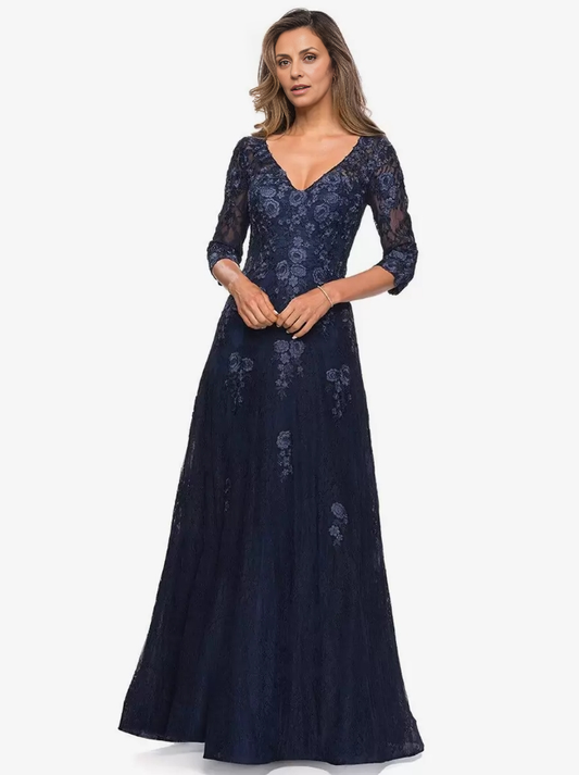 Mother of the Bride Dresse V-Neck Half Sleeves A-Line Lace Long Wedding Guest Party Dresses