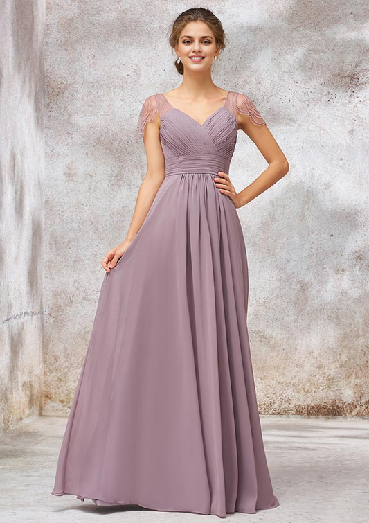 Chiffon Bridesmaid Dress A-line Long/Floor-Length V Neck Cap Straps With Pleated Beading