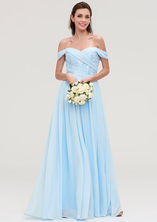 A-line Off-the-Shoulder Sleeveless Long Chiffon Bridesmaid Dresses Wedding Guest Dresses With Pleated Appliqued