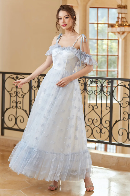 Princess A Line Off the Shoulder Light Blue Long Prom Dress Wedding Guest Dresses