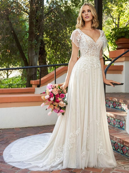 Simple Wedding Dress Lace V-Neck Sleeveless Lace A-Line Bridal Gowns With Sweep Train