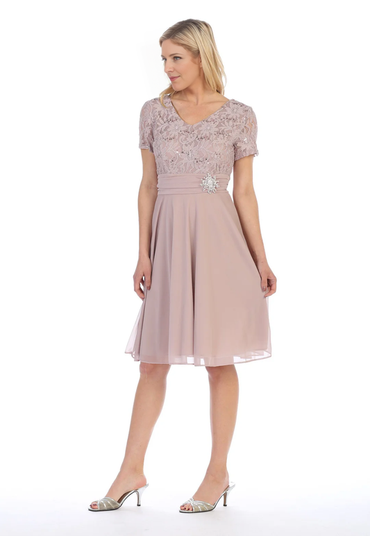 Short Knee Length Dress with Short Sleeve Lace Bodice