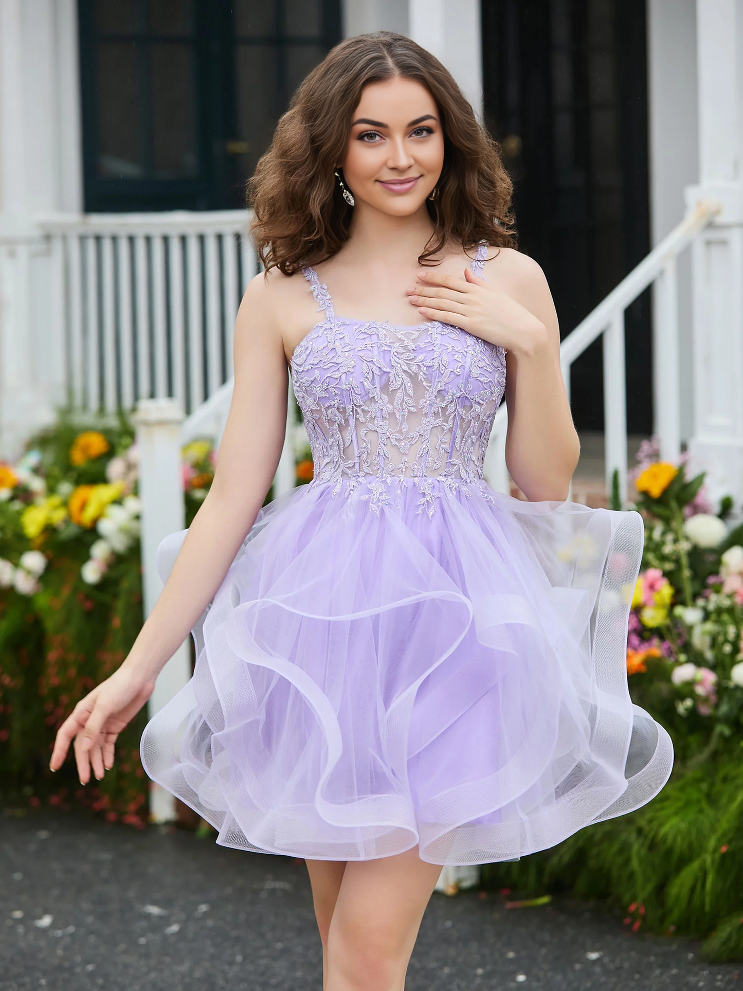 Cute A-Line Appliqued Corset Top Short Tulle Dress Lilac Homecoming Dress