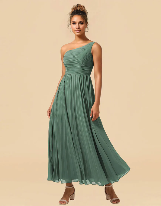 A-Line One Shoulder Tea Length Chiffon Bridesmaid Dress Wedding Guest Party Dresses