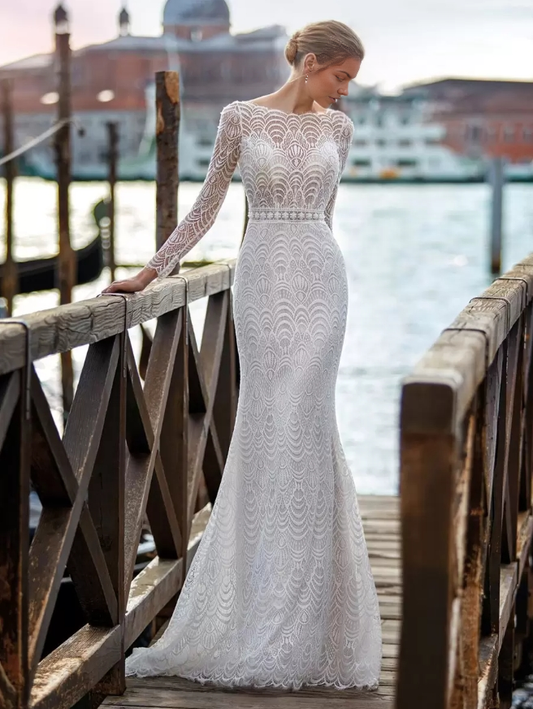 Boho Wedding Dress Lace Cut Out Mermaid With Train Natural Waist Backless Long Sleeves Jewel Neck Ivory Wedding Dress