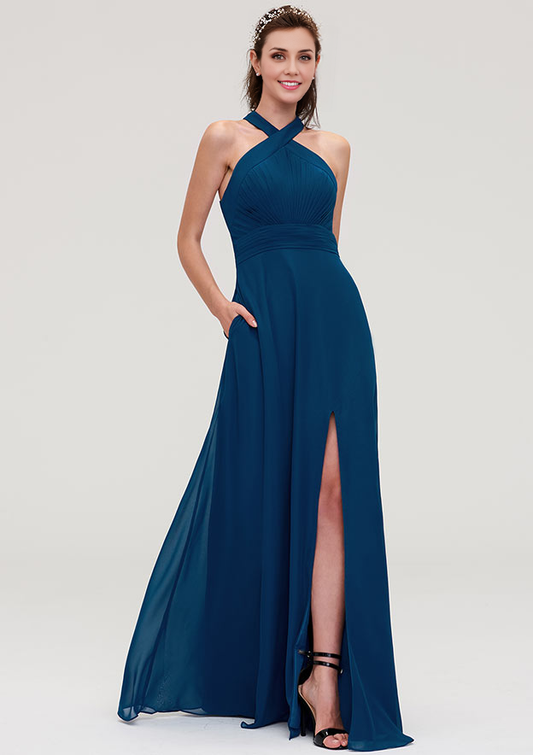 A-line Sleeveless Long/Floor-Length Chiffon Bridesmaid Dresses With Split Pleated