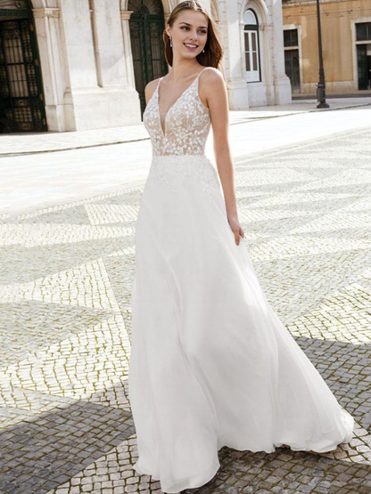 Simple Wedding Dress Lace V-Neck Sleeveless Lace A-Line Bridal Dresses With Sweep Train