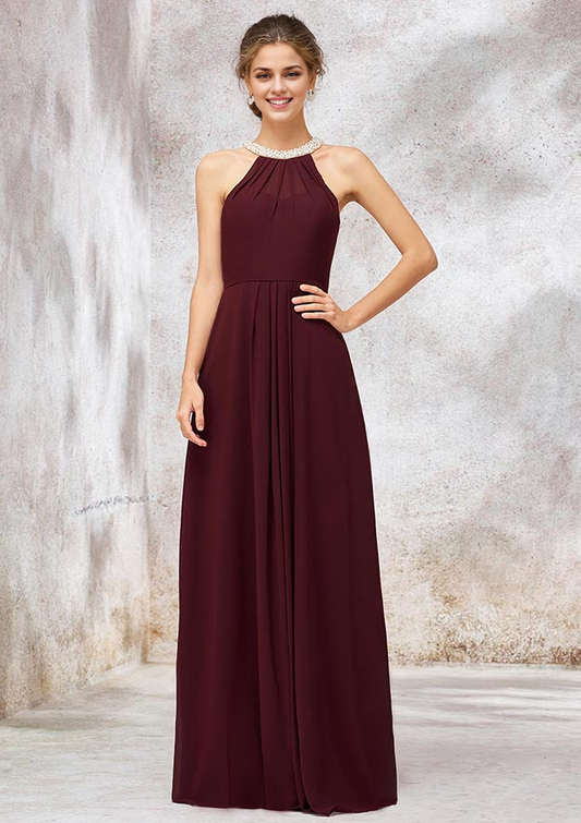 Chiffon Bridesmaid Dress A-line Scoop Neck Sleeveless Long/Floor-Length With Pleated Beading Wedding Guest Dresses