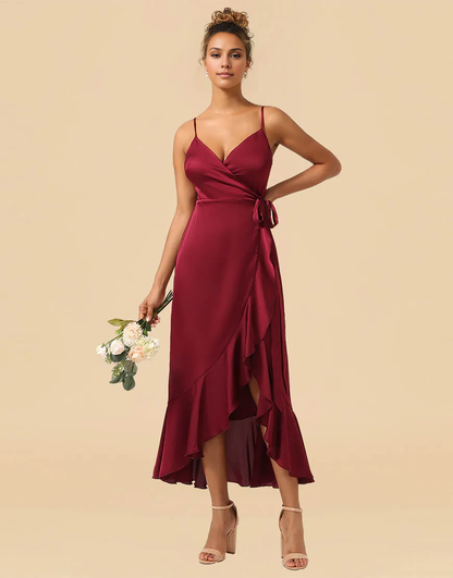 Burgundy Spaghetti Straps Asymmetrical Satin Bridesmaid Dress Wedding Guest Party Dresses