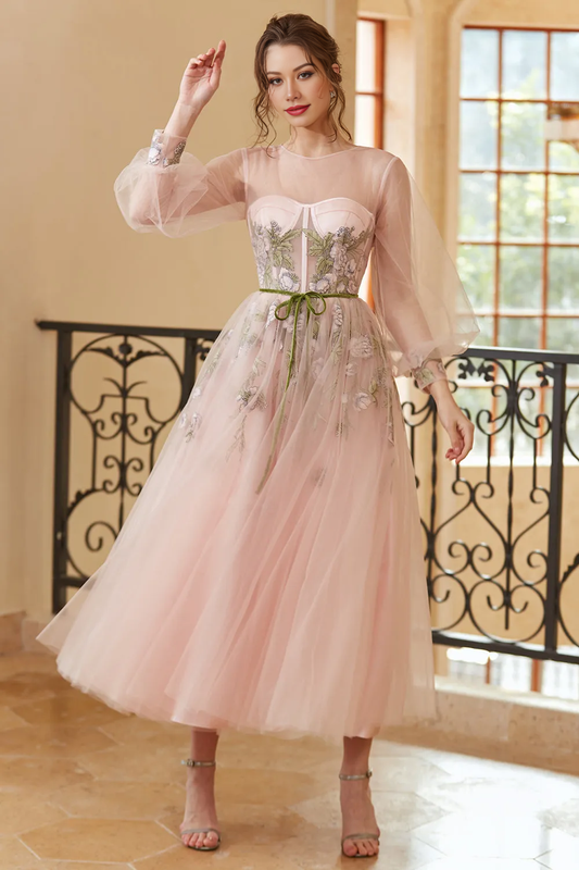 A Line Jewel Light Nude Tea Length Prom Dress Wedding Guest Dresses with Long Sleeves