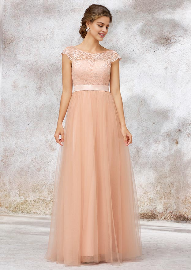 Bridesmaid Dress A-line Bateau Sleeveless Long/Floor-Length With Sashes Lace Prom Dresses