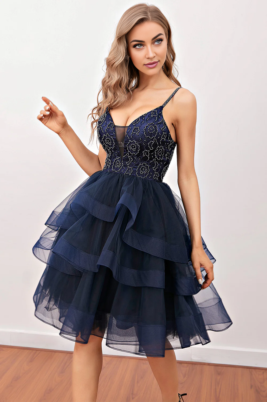 Navy V-Neck Tulle Beaded Short Cocktail Dress